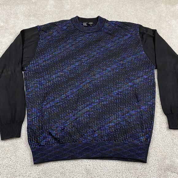 Tulliano Sweater Mens L Black Blue Knit Zig Zag Geometric Crewneck Pullover Golf - Picture 1 of 7